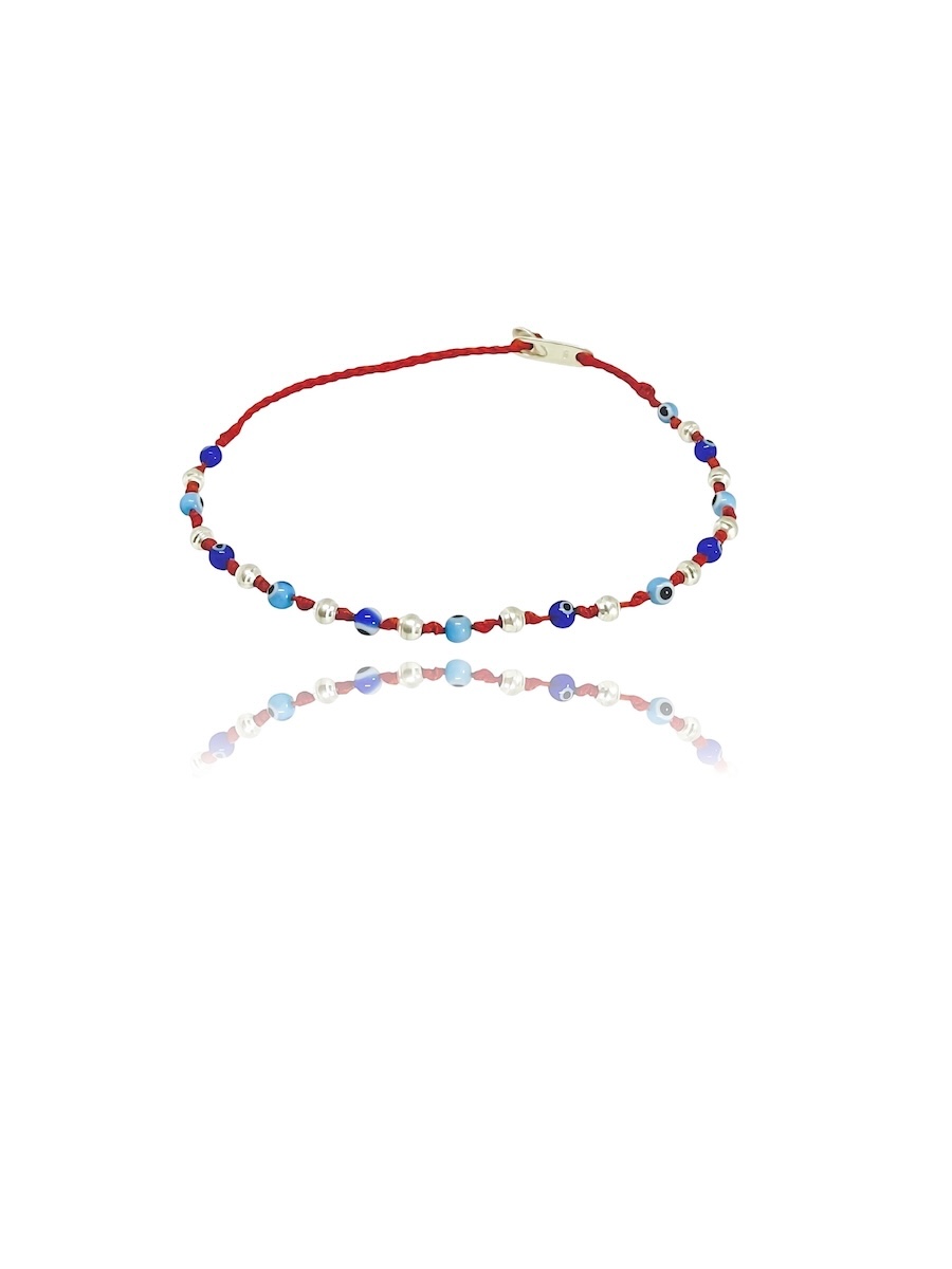 La Grecia Anklet, Handmade Evil Eye, Silver 925 & Glass Beads, Tonia Moraitaki Jewelry